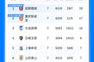 中超积分榜：蓉城、铜梁龙、英博三足鼎立，申花-10分开局冲至第5