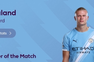 打入制胜球！英超官方：哈兰德当选曼城1-0伯恩利全场最佳球员