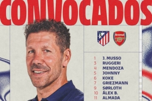 马竞对阵阿森纳首回合名单：格列兹曼、小蜘蛛领衔，冈萨雷斯缺席